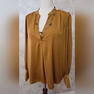 Banana Republic XL Satin Blouse Camel Brown Pleated Shoulder Long Sleeve